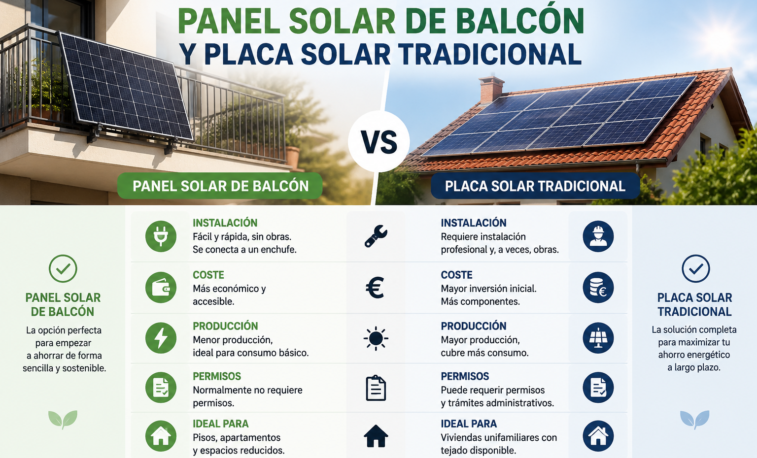 Diferencia entre panel solar de balcón y placa solar tradicional